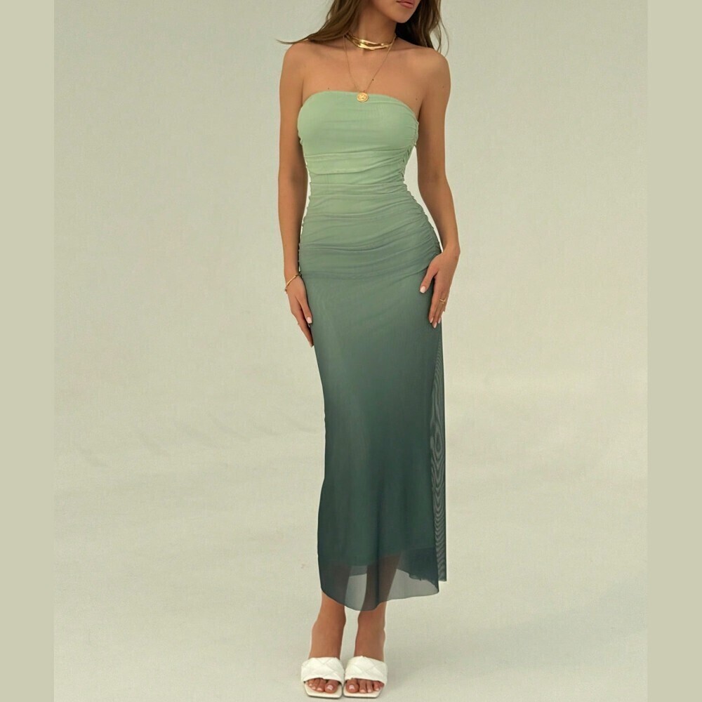 Sage to Forest Ombré Strapless Mesh Maxi Dress